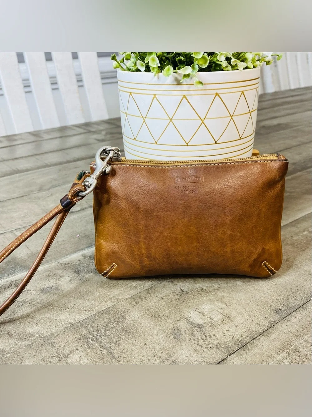 Coach Vintage Leather Wristlet Pouch Tan Zip Closure Adjustable Strap